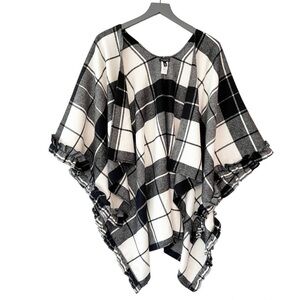 Talbots Wool-Blend Plaid Ruana Shawl with Ruffle Trim Size M/L